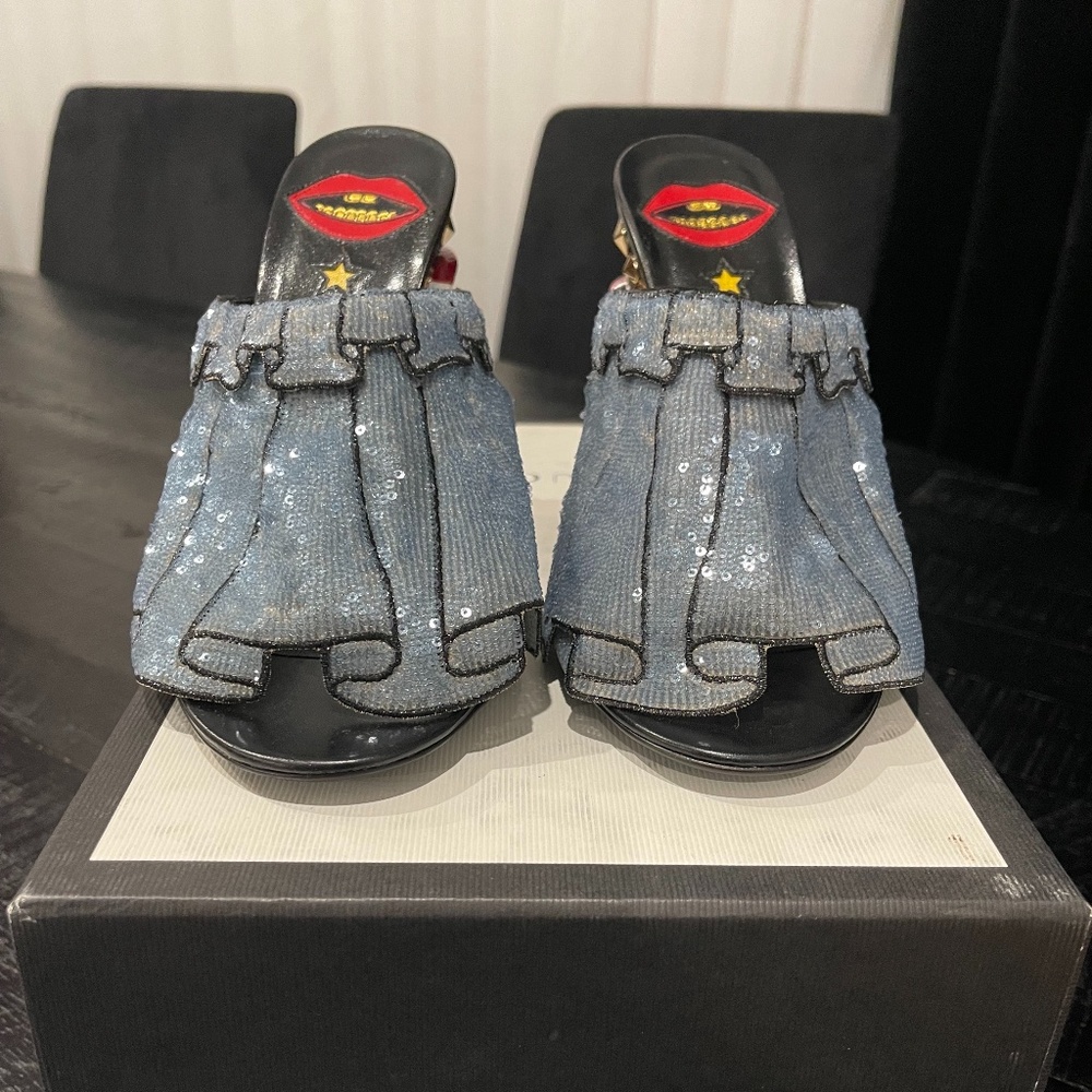 Gucci Mules Ricamo Trompe L'oeil Sweet Sky Blue Size 37